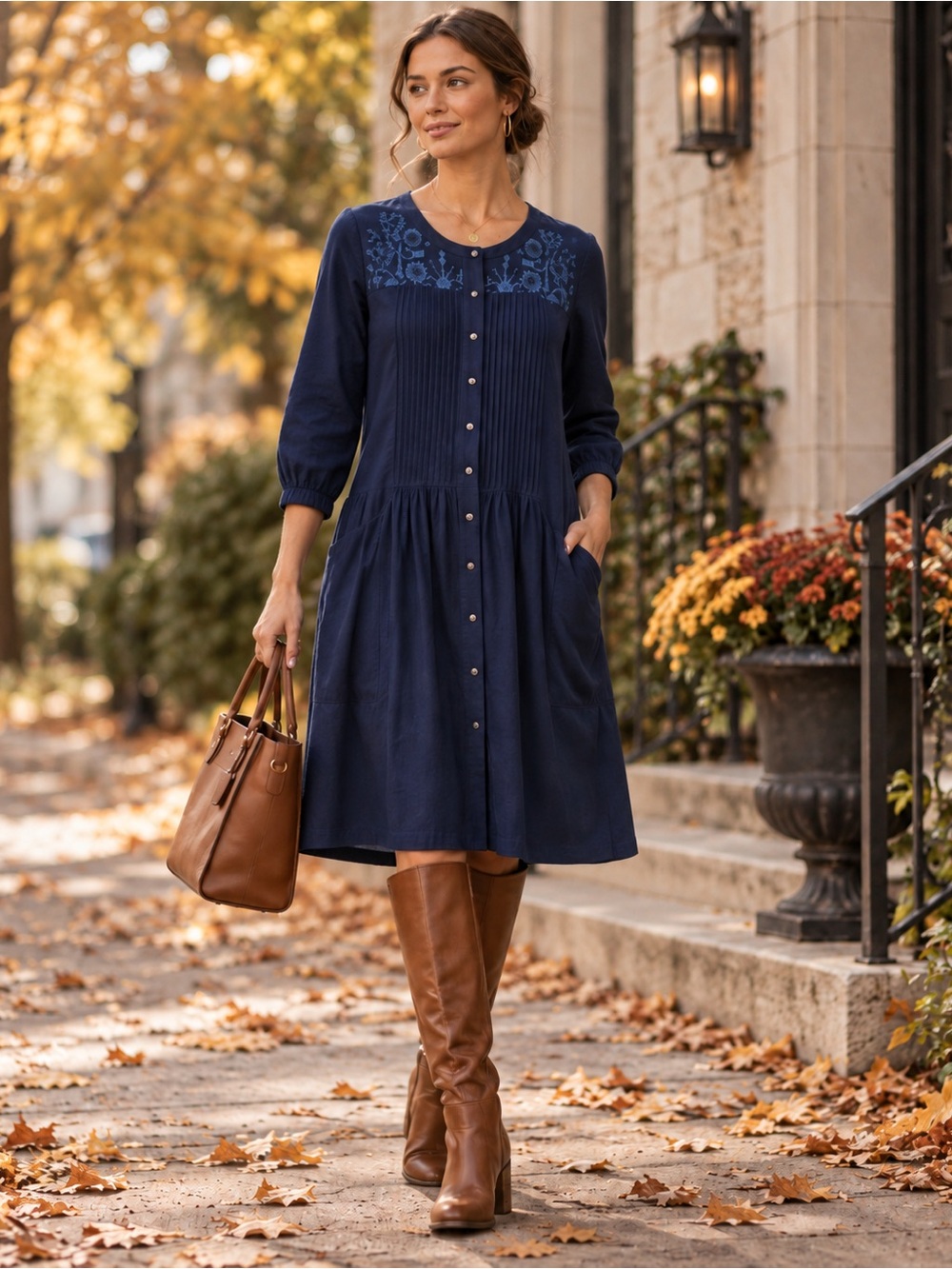 Anthropologie Navy Blue Embroidered Button Front Boho Dress Size 10
